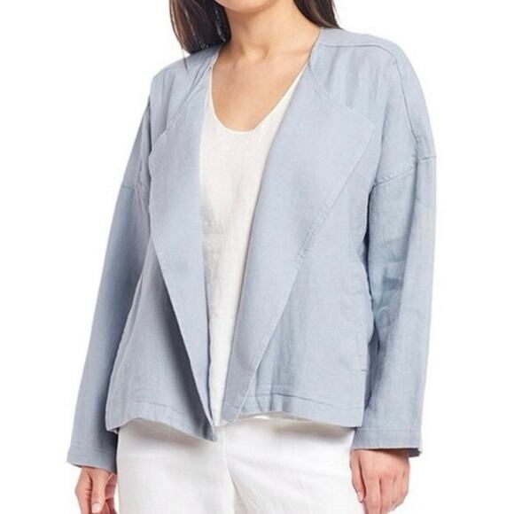 EILEEN FISHER WOMAN Plus 3X Heavy Organic Linen Open Blazer Jacket Powder Blue - Picture 1 of 16